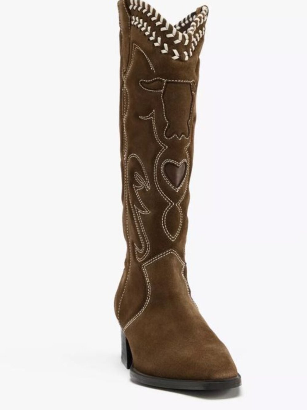 ZARA Suede Embroidered Cowboy Boots | Heart Cutout | Whipstitch | Brown | NWT | - Picture 3 of 16